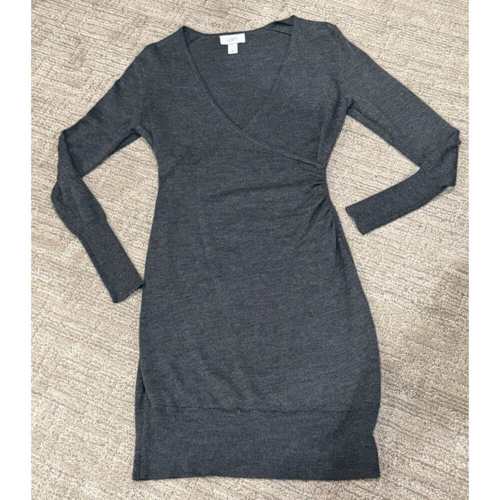ANN TAYLOR LOFT WOOL BLEND SWEATER WRAP DRESS S LONG SLEEVE PULLOVER GREY EUC